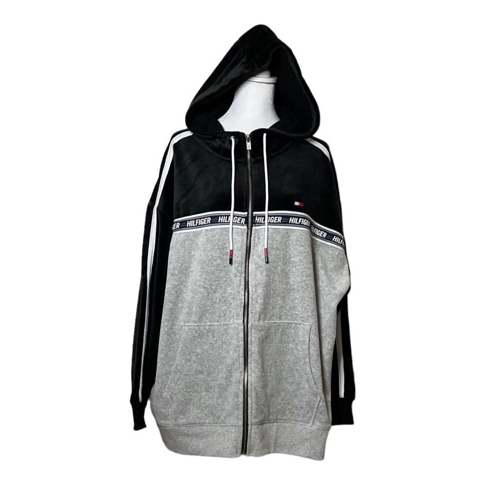 Tommy Hilfiger Womens Velour Grey Logo Full Zip Hoodie Sweatshirt NWT US 2X